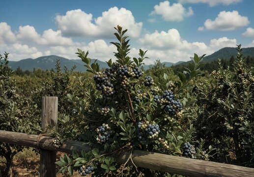 ripe blueberries growing on bushes in a farm with mountain backdrop.