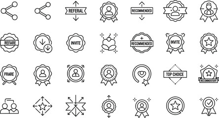 Fototapeta premium Referral and Award Icons Set Featuring Invitation, Recommendation, Top Choice, and Badge Symbols