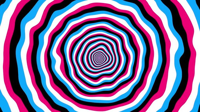 hypnotic pink, blue and white spiral turbulence illusion tunnel on black background 