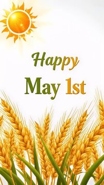 Happy May 1st Greeting Card with Wheat and Sun - A vibrant greeting card for May 1st, featuring a golden sun at the top and a lush field of wheat at the bottom.