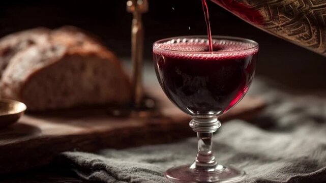 A video of red wine being poured into a glass on a table with bread in the background