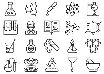 Fototapeta premium Laboratory and Science Icons Set Featuring Test Tubes, Microscopes, Chemical Reactions, and Research Symbols