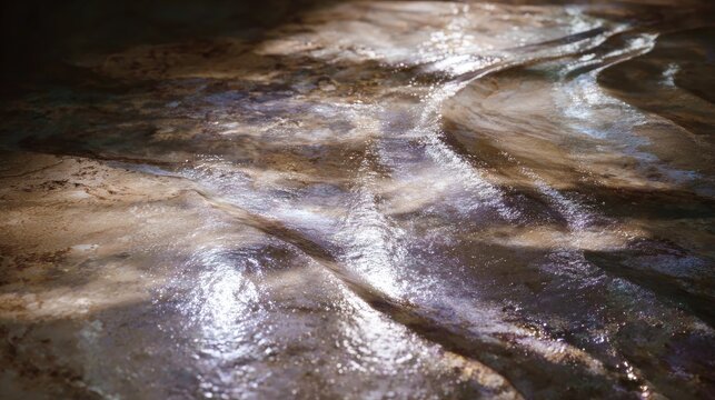 Close up of a glossy wet stone surface with subtle ripples and soft reflections. Perfect for texture studies, minimal backgrounds, and sensory-focused visuals.