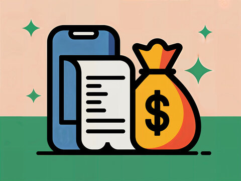 Flat illustration of smartphone with checklist and money bag, representing earning money online through tasks, freelance gigs, micro jobs, and digital income opportunities in a modern fintech concept.