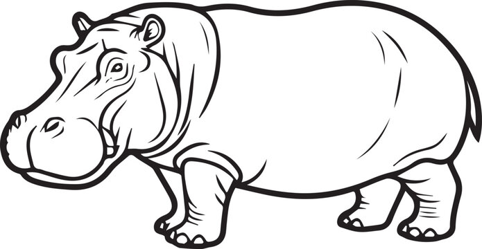 Black and white hippo line drawing isolated illustration for kids and education