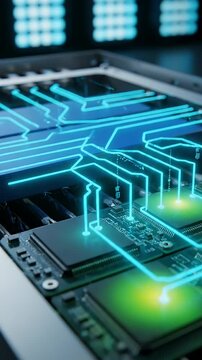 AI Optimizing Thermal Balance in Storage Pack - A macro shot shows an artificial intelligence system optimizing the thermal balance within a modular storage pack.