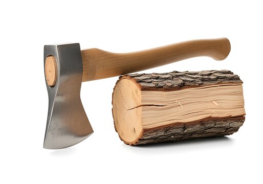 Wooden handled axe resting beside a chopped log piece