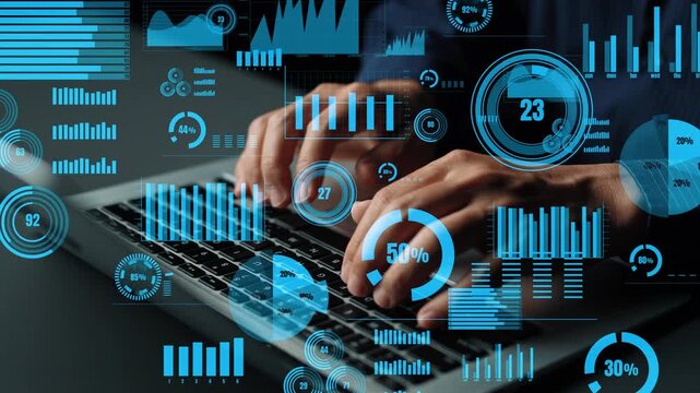 Close-up view of hands typing on a laptop keyboard, surrounded by dynamic data visualization graphics like charts and percentages, emphasizing business insights and technology. Xenic