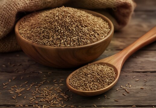 organic cumin seeds in wooden bowl and spoon on rustic surface.