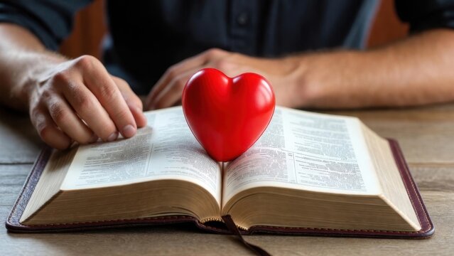 Red heart rests atop open Bible