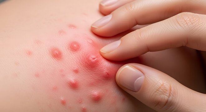 Close-up of a contagious-looking skin infection with several clear blisters on a red patch. Fingers are framing the lesion, highlighting the need for dermatological testing and care