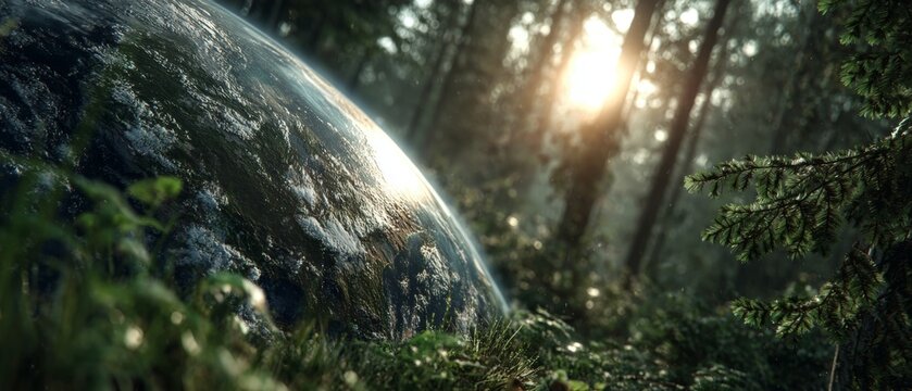 Integrating earth day aesthetics into everyday surroundings. Poster illustration. Enhanced earth day scene with a detailed globe and lush greenery. Hero poster. Blockbuster poster.