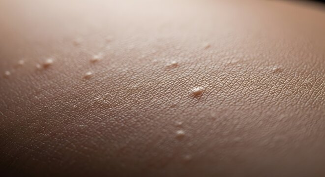 Macro photography of small, flesh-colored bumps on human skin. Detailed view of skin texture showing symptoms of a viral infection like molluscum contagiosum or common warts