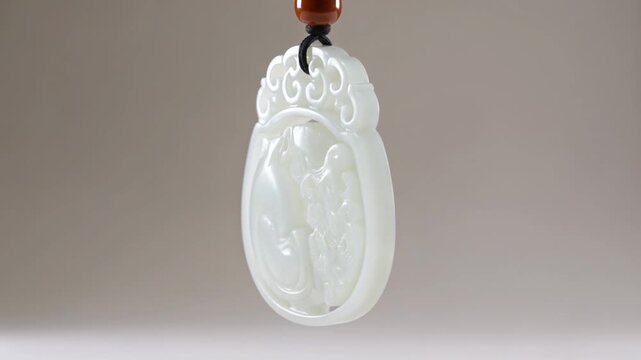 A white jade pendant with an intricate carving of a figure hangs from a leather cord on a plain gray background.