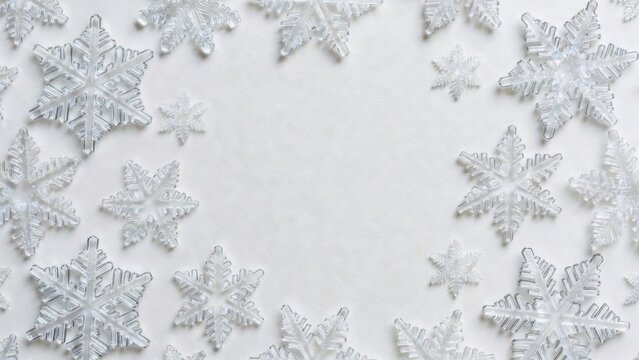 Snowflakes gently adorn a calm snowy background