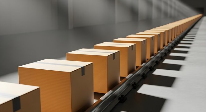 Seamless Production Line of Cardboard Boxes Moving on a Conveyor Belt