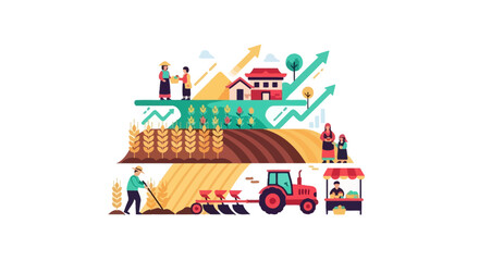 Obraz premium Sustainable Agriculture Growth Illustration: Farming, Harvesting, and Market Supply Chain with Economic Progress Arrows