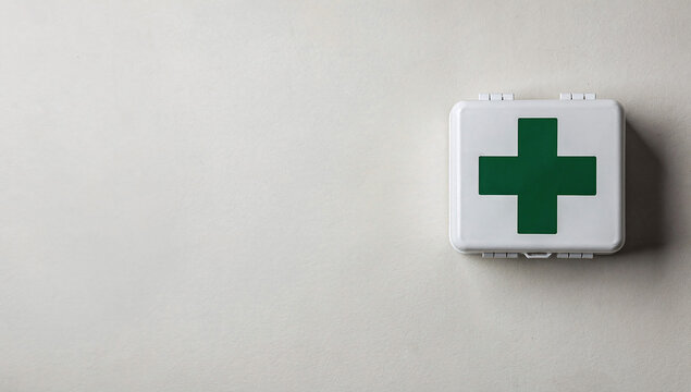 White plastic first aid box with a green cross on a smooth white wall in horizontal right-aligned framing.