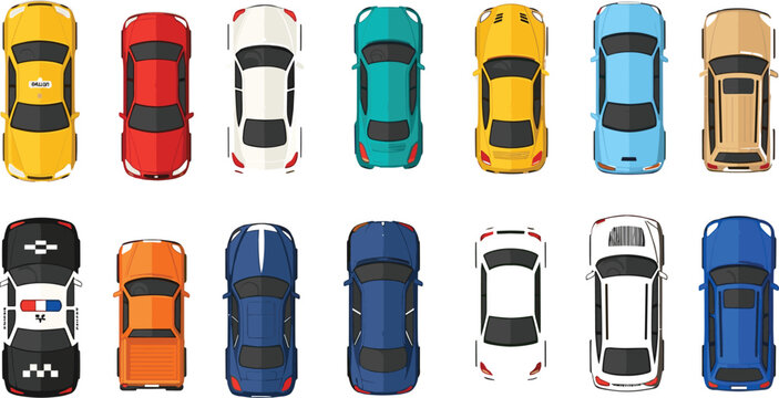 Top View Car Vector Set with Different Vehicle Colors, Modern Automobile Designs and Transport Icons Collection for Traffic and Mobility Illustration