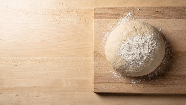 Round raw beige dough ball dusted with white flour on a light wooden cutting board in horizontal top-down right-aligned framing.