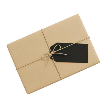 Brown paper parcel gift box with black blank label and twine, isolated on transparent cutout png.