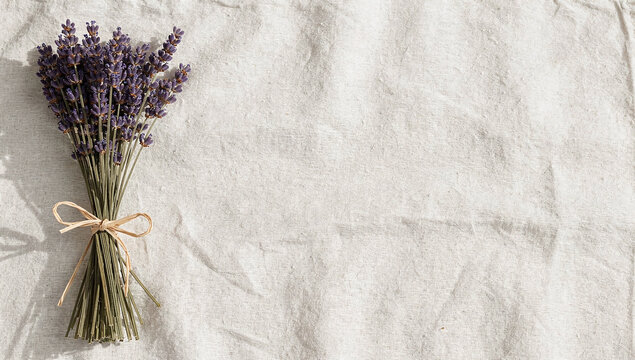 Tied bunch of dried purple lavender flowers on a wrinkled light grey linen cloth in horizontal left-aligned framing.