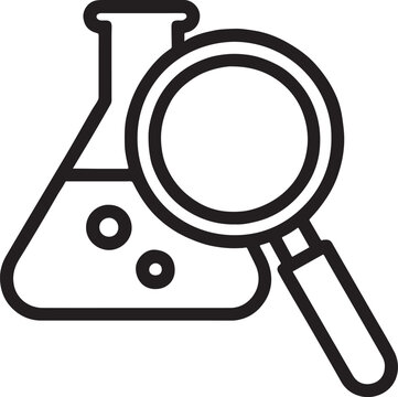 Laboratory boiling flask magnifying glass analysis vector icon