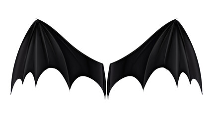 Dramatic and symmetrical pair of intensely dark black bat or gothic dragon wings fully extended isolated on transparent background