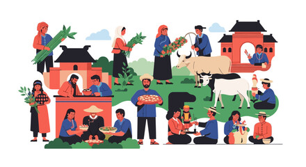 Fototapeta premium Diverse Asian Traditions: Rural Community Life, Farming, Food Culture, and Folk Craftsmanship Illustration