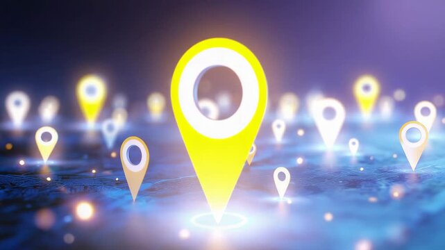 Glowing location pins on abstract digital city map, GPS navigation, geolocation search, route planning, location tracking, smart city technology, mapping system, travel app, futuristic 4K