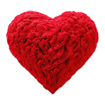 Highly detailed deep crimson red decorative heart-shaped object with a textured sponge-like surface isolated on transparent background