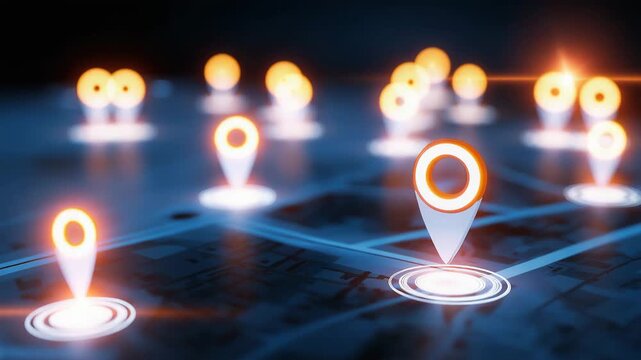 Glowing location pins on abstract digital city map, GPS navigation, geolocation search, route planning, location tracking, smart city technology, mapping system, travel app, futuristic