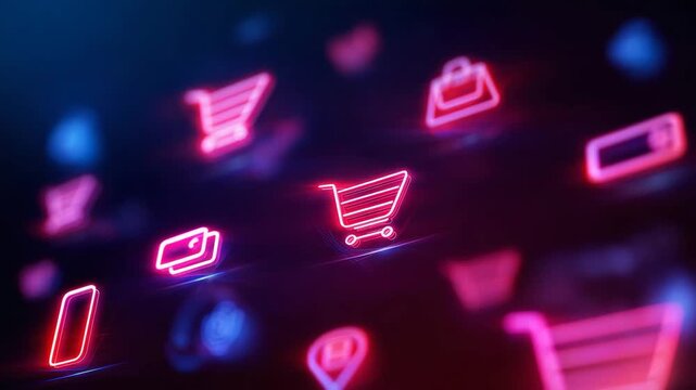 Glowing shopping cart and retail icons on futuristic digital interface, online shopping, e commerce, mobile payment, digital marketplace, retail technology