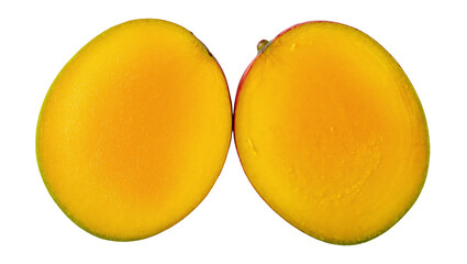 Sweet and succulent mangoes cut in half, showcasing their bright orange-yellow interior
