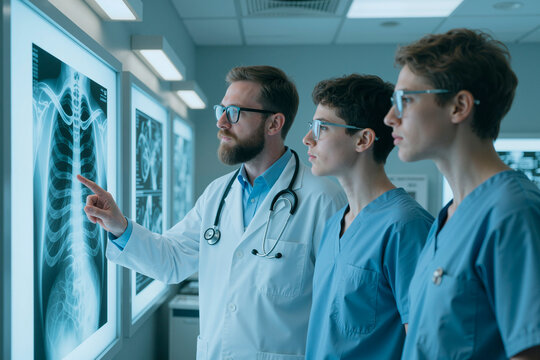 Doctor guiding young adult medical interns while reviewing chest xray scans in hospital, supporting radiology training and clinical teamwork for healthcare education marketing