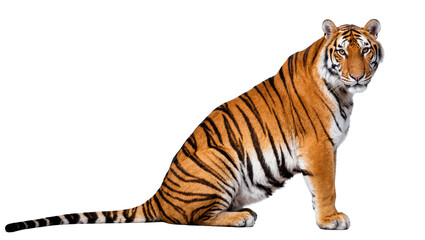 Obraz premium Majestic adult Bengal tiger sitting patiently, turning head to gaze intensely forward.