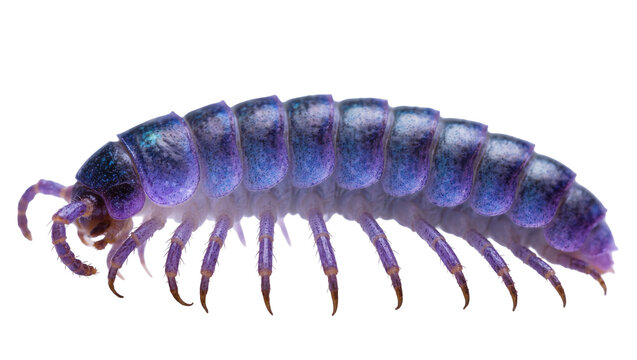 Close-up studio shot of a colorful segmented woodlouse, showcasing its unique exoskeleton