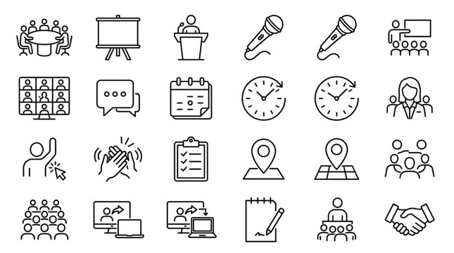 Set of 25 Meeting and Presentation Line Icons Vector