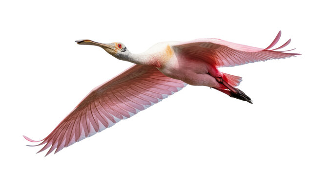 Beautiful Roseate Spoonbill in flight, showcasing its distinctive bill and pink feathers.