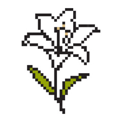Obraz premium Easter lily pixel art icon. Simple 8-bit style white flower with green leaves. Minimalist floral vector illustration isolated on white. Retro gaming aesthetic spring blossom symbol.
