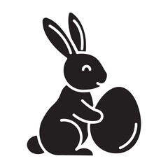 Obraz premium Solid icon of cute Easter bunny holding decorated egg, bold silhouette, festive holiday symbol, kawaii character, spring celebration, modern minimal vector design in simple flat style.