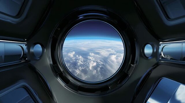 View of Earth from spacecraft window in outer space, planet horizon above clouds, space exploration, astronomy, orbital perspective 4K