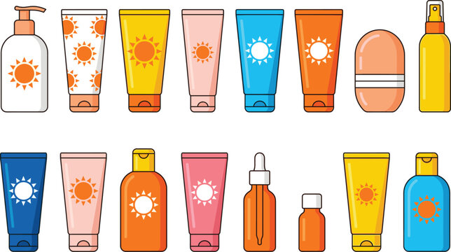 Sunblock cream and sunscreen bottle vector set, summer skincare protection icons for health beauty