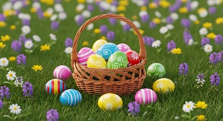 Fototapeta premium Easter sunday celebration with colorful eggs in a basket on a flower field