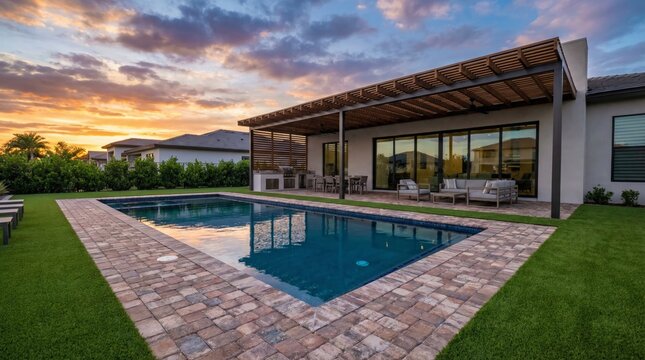 Modern home backyard featuring a rectangular swimming pool with brick pavers, a covered patio with outdoor furniture, and a built in grill area under a colorful sunset sky
