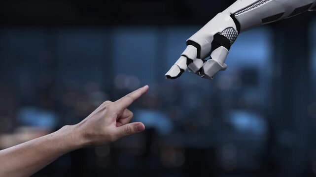 Advanced technology and agile software development concept with human hand interacting with robotic hand and holographic interface in a modern workspace Synapse.
