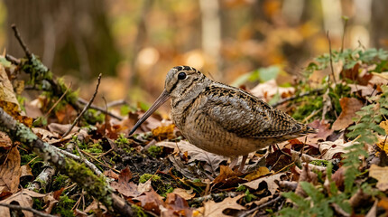 Fototapeta premium Close Shot Of American Woodcock In The Nature Funny Bird Habitat American Woodcock In The Forest American Woodcocks
