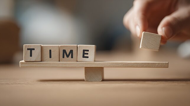 A hand placing wooden blocks spelling time on a seesaw balanced by life blocks