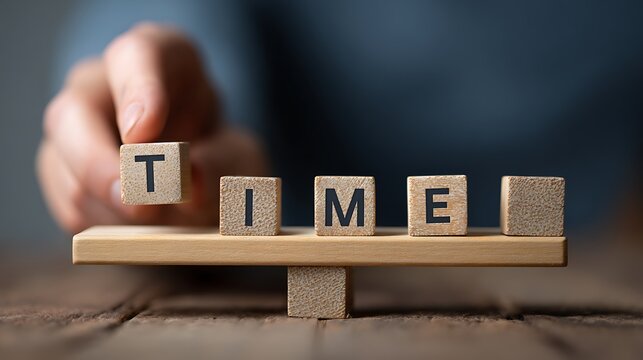 A hand placing wooden blocks spelling time on a seesaw balanced by life blocks