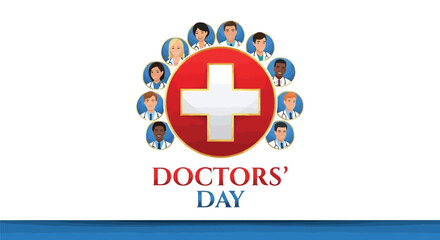 Fototapeta premium Doctors' Day logo with diverse doctors around red cross symbol isolated on white background
